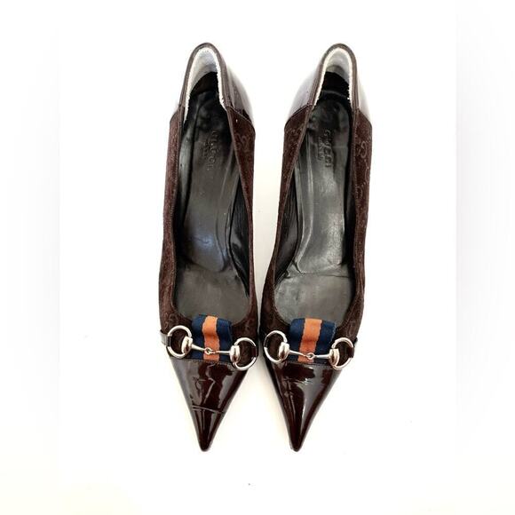 Gucci Horsebit Web Stripe GG Pump Size 8.5 Brown Suede Pointed Toe Kitten Heel - Picture 2 of 10